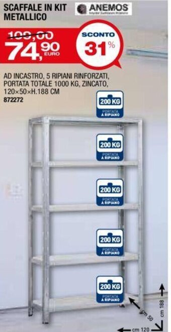Bricofer Anemos Scaffale In Kit Metallico 120x50xH.188 cm offerta