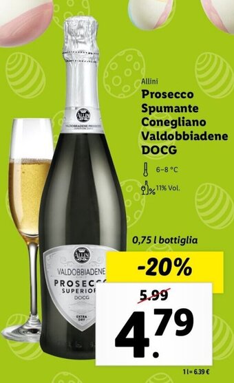 Lidl Allini Prosecco Spumante Conegliano Valdobbiadene DOCG offerta