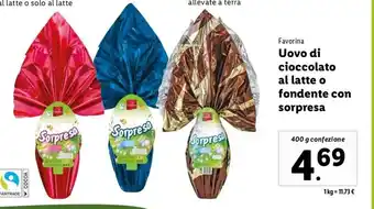 Lidl Favorina Uovo di cioccolato al latte o fondente con sorpresa 400 g confezione offerta
