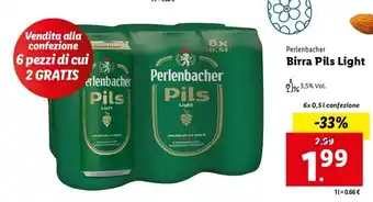 Lidl Perlenbacher Birra Pils Light 6x0,5 L confezione offerta