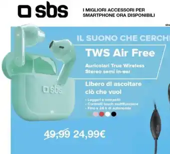Euronics SBS TWS Air Free Auricolari True Wireless Stereo Semi In-Ear offerta