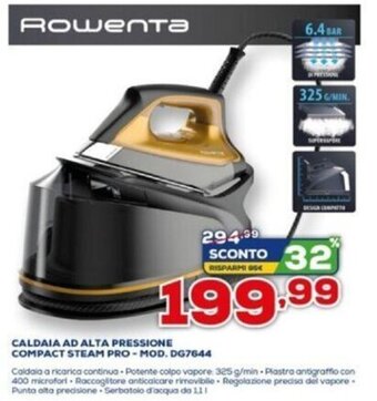 Euronics Rowenta Caldaia Ad Alta Pressione Compact Steam Pro - Mod. DG7644 offerta
