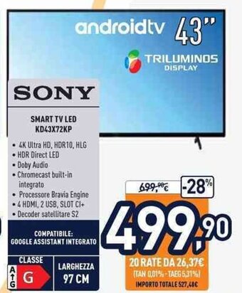 Unieuro Sony Smart TV Led KD43X72KP offerta