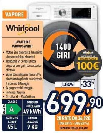 Unieuro Whirlpool Lavatrice W8W946WRIT offerta