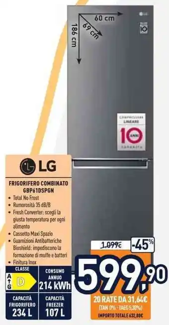 Unieuro LG Frigorifero Combinato GBP61DSPGN offerta