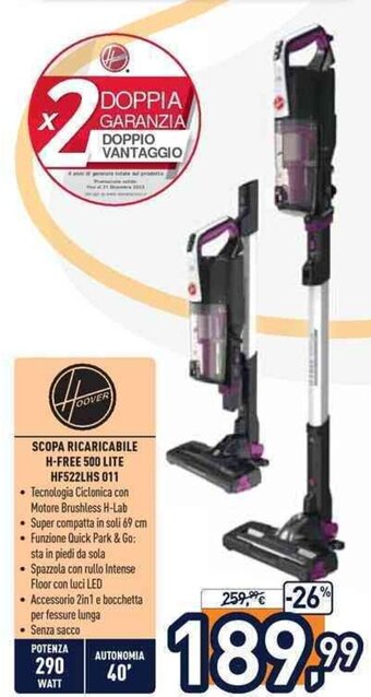 Unieuro Hoover Scopa Ricaricabile H-Free 500 Lite HF522LHS 011 offerta