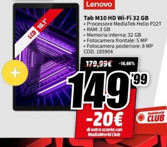 MediaWorld Lenovo Tab M10 HD Wi-Fi 32 GB offerta