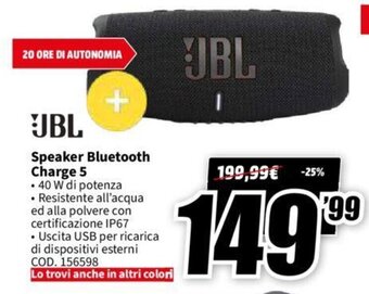 MediaWorld JBL Speaker Bluetooth Charge 5 offerta