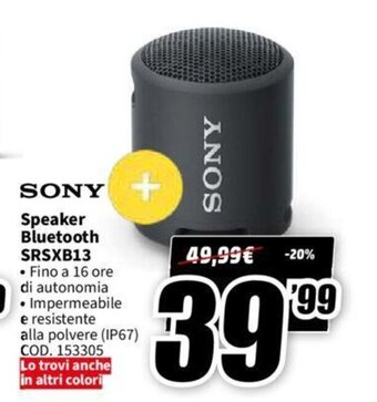MediaWorld Sony Speaker Bluetooth SRSXB13 offerta