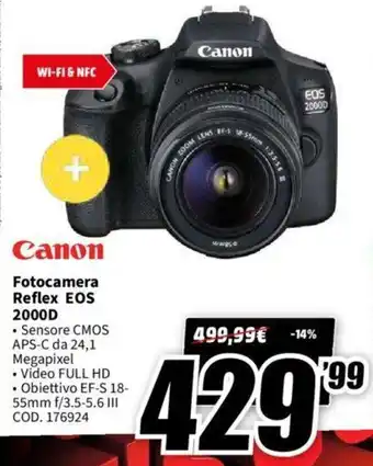 MediaWorld Canon Fotocamera Reflex E0S 2000D offerta