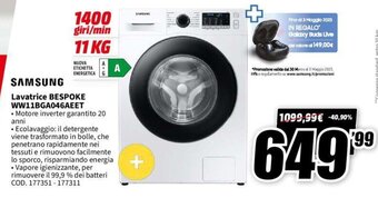 MediaWorld Samsung Lavatrice Bespoke WW11BGA046AEET offerta