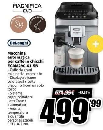 MediaWorld DeLonghi Macchina Automatica per caffè in chicchi ECAM290.61.SB offerta