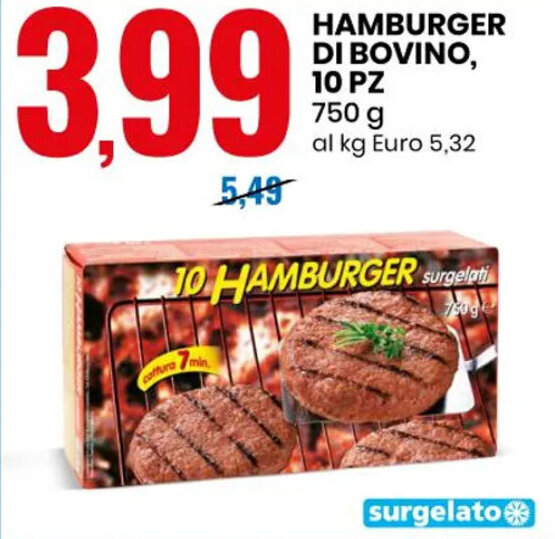 Hamburger di Bovino 10 pz 750 g offerta di Eurospin