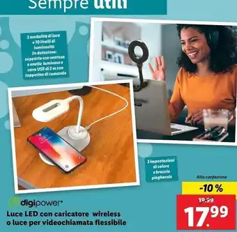 Lidl Digi power - luce led con ricarica wireless o luce per videochiamata flessibile offerta