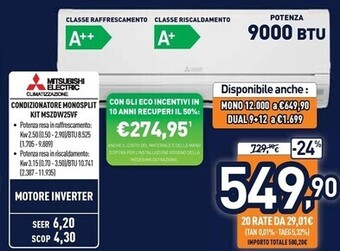 Unieuro Mitsubishi condizionatore monosplit kit mszdw25vf offerta