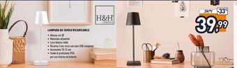 Unieuro H&h lifestyle lampada da tavolo ricaricabile offerta