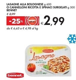 Bennet Bennet - lasagne alla bolognese o cannelloni ricotta e spinaci surgelati offerta