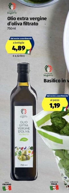 ALDI I Colori del Sapore Olio extra vergine d'oliva filtrato 750ml offerta
