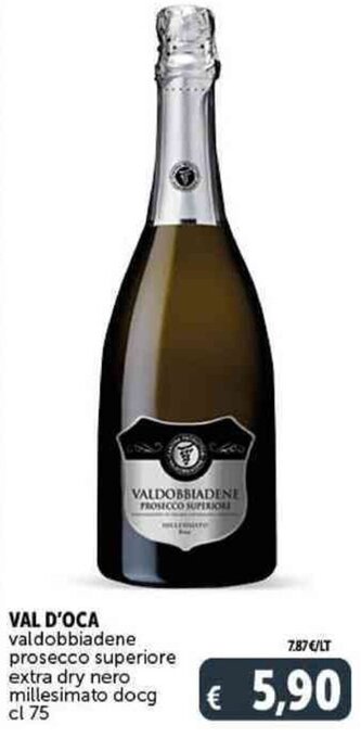 Deco Supermercati Val D'Oca Valdobbiadene Prosecco Superiore Extra Dry Nero Millesimato DOCG cl 75 offerta