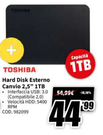 MediaWorld Toshiba Hard Disk Esterno Canvio 2,5" 1TB offerta