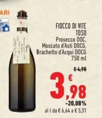 Conad Fiocco Di Vite Toso Prosecco Doc, Moscato d'Asti Docg, Brachetto d'Acqui DOCG 750 ml offerta