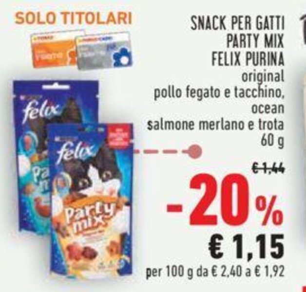 Felix Purina Snack Per Gatti Party Mix original pollo fegato e tacchino