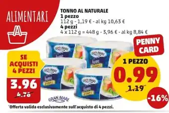 PENNY Tonno Al Naturale 4 pezzi 448 g offerta