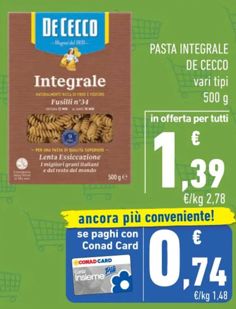 De Cecco Pasta Integrale vari tipi 500 g offerta di Conad