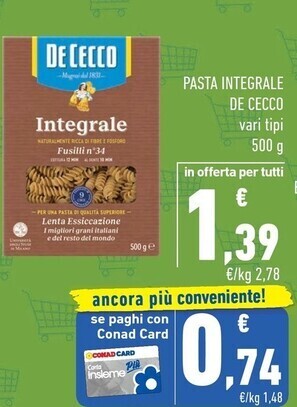Conad De cecco pasta integrale offerta