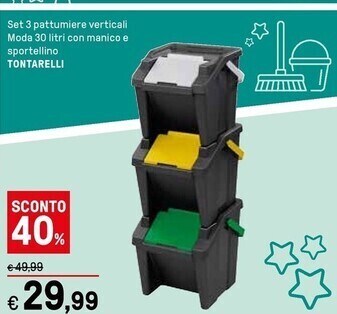 Set 3 Bidoni Impilabili Tontarelli 30L | Colori Bianco, Giallo, Verde | Organizzazione Casa