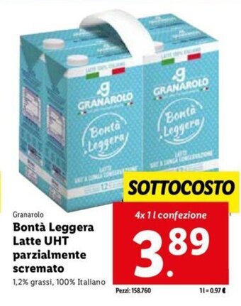 Lidl Granarolo Bontà Leggera Latte UHT parzialmente scremato 4x1 l confezione offerta