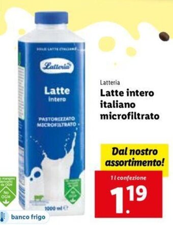 Lidl Latteria Latte intero italiano microfiltrato 1 l confezione offerta