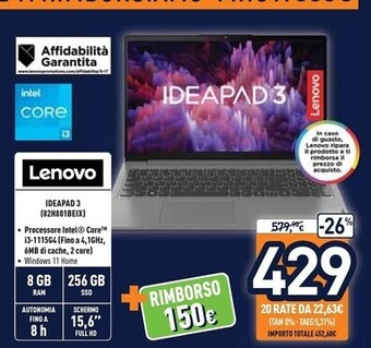 Unieuro Lenovo ideapad 3 (82h801beix) offerta