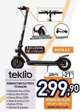 Unieuro Teklio monopattino tk1m6al8k offerta