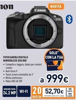 Unieuro Canon eos r50, black + rf-s 18-45mm f4.5-6.3 is stm kit milc 24,2 mp cmos 6000 x 4000 pixel nero offerta