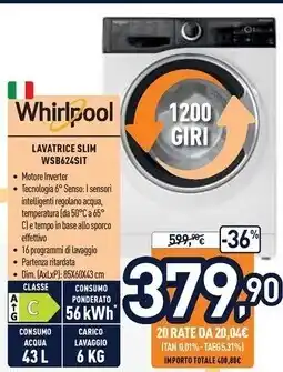 Unieuro Whirlpool wsb 624 s it lavatrice caricamento frontale 6 kg 1151 giri/min c bianco offerta
