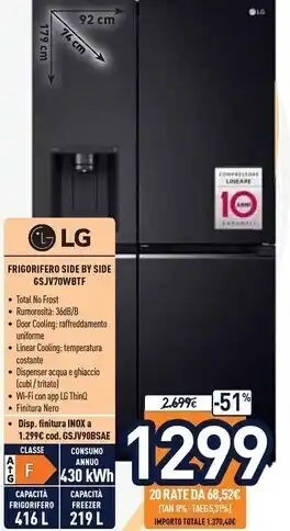 Unieuro Lg frigorifero side by side gsjv70wbtf offerta