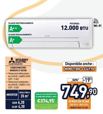 Unieuro Mitsubishi electric condizionatore monosplit hr35k offerta