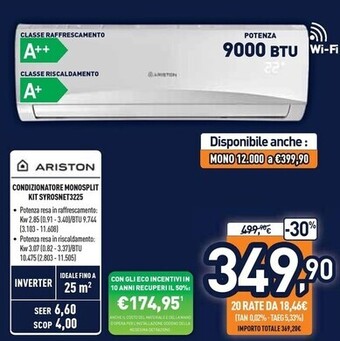 Unieuro Ariston condizionatore monosplit kit syrosnet3225 offerta