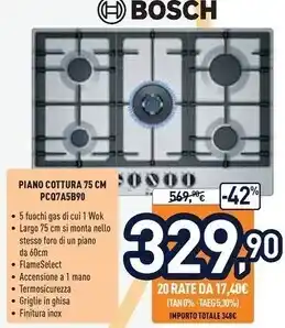 Unieuro Bosch serie 6 pcq7a5b90 piano cottura acciaio inossidabile da incasso gas 5 fornello(i) offerta