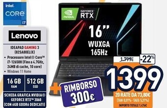 Unieuro Lenovo ideapad gaming 3 (82sa00elix) offerta
