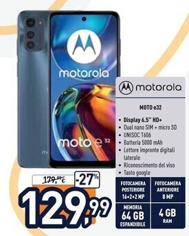 Unieuro Motorola moto e32 16,5 cm (6.5) doppia sim android 11 4g usb tipo-c 4 gb 64 gb 5000 mah grigio offerta
