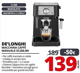 Comet De longhi macchina caffè manuale ec260.bk offerta