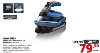 Rowenta de5010 freemove ferro da stiro a vapore senza filo, 2400w, quantità di vapore variabile 120 g/min, nero/blu