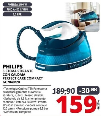 Comet Philips sistema stirante con caldaia perfect care compact gc7840/20 offerta