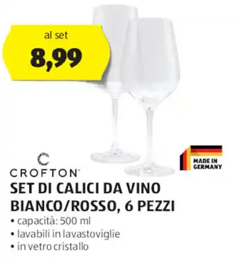 ALDI Crofton Set di Calici da Vino Bianco/Rosso, 6 pezzi 500 ml offerta