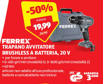 ALDI Ferrex Trapano avvitatore brushless a batteria, 20 V offerta