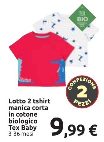 Carrefour Tex Baby Lotto 2 tshirt manica corta in cotone biologico 3-36 mesi offerta