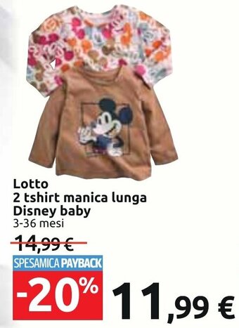 Carrefour Disney baby Lotto 2 tshirt manica lunga 3-36 mesi offerta