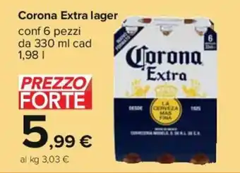 Carrefour Corona Extra lager 6 pezzi 330 ml cad 1,98 l offerta